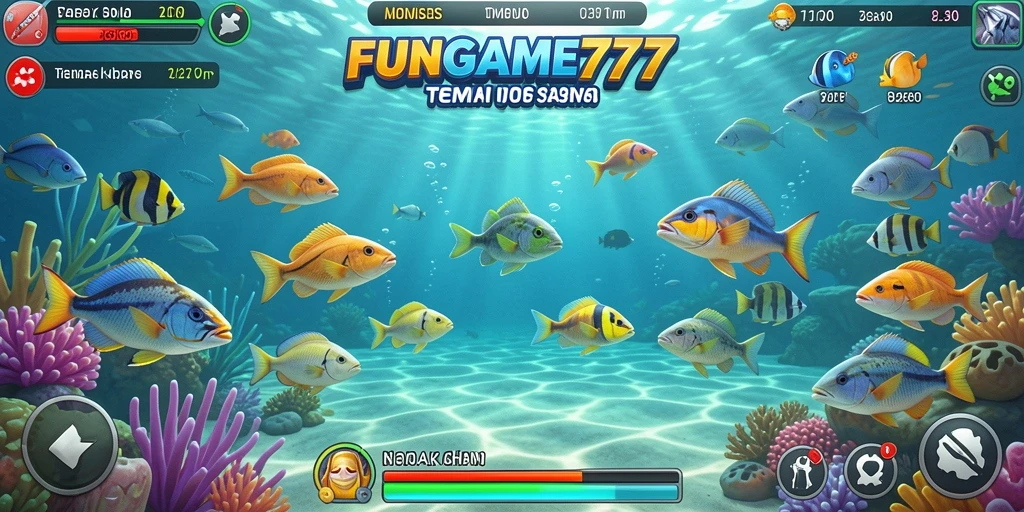 Screenshot gameplay FUNGame777 menampilkan aksi tembak ikan yang mengasyikkan.