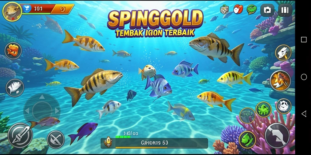 Screenshot gameplay SPINGOLD menunjukkan aksi seru menembak ikan.