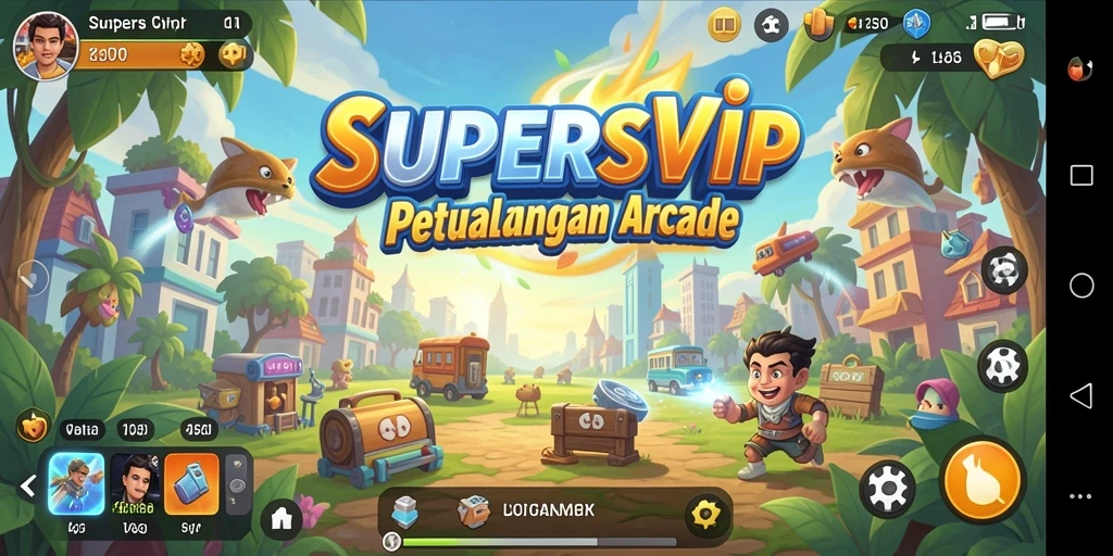 Tampilan gameplay seru SUPERSVIP dengan karakter menarik dan tantangan unik.